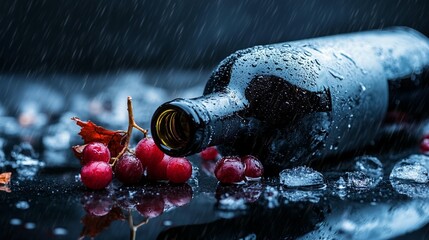 Wine bottle with grapes and ice in the rain
