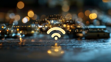 Wireless network cityscape overlaid on a dark surface
