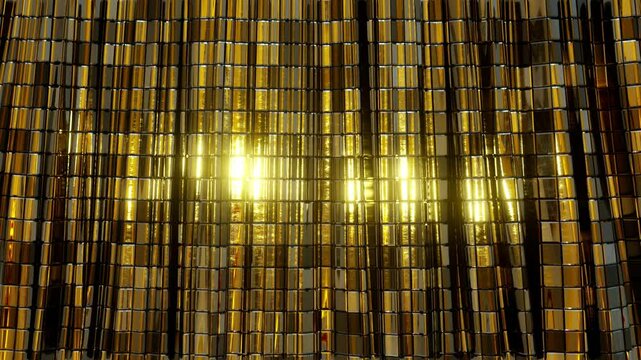 Golden shimmering abstract background. Golden swinging curtains. 3D loop 4K animation