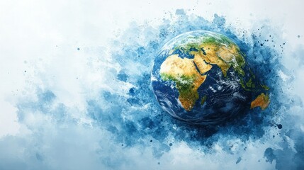 Earth in a watercolor style, surrounded by subtle blue and white splotches