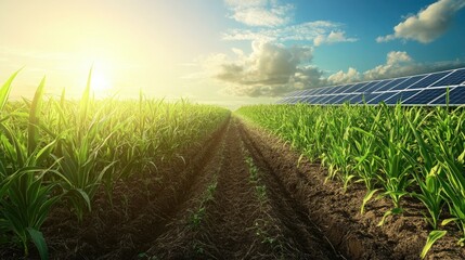 Aerial shot of a sugarcane farm with solar panels, a large water tank, and well-maintained irrigation systems