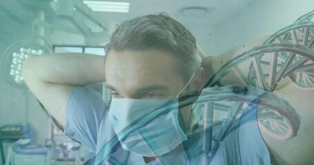 Surgeon grasping cap and securing mask then initiating DNA helix linking genetics-informed surgery - Powered by Adobe