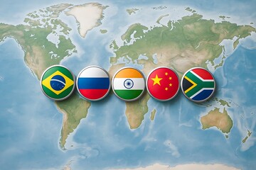 BRICS countries flags on world map Brazil Russia India China South Africa global economy emerging markets geopolitics international relations economic alliance cooperation trade development