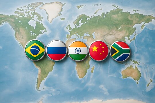 BRICS countries flags on world map Brazil Russia India China South Africa global economy emerging markets geopolitics international relations economic alliance cooperation trade development