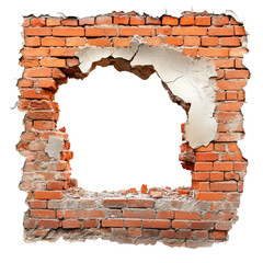 Broken Brick Wall with Rough Edges and Large Hole Isolated on White Background
