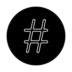 Dark circle background with bold hashtag mark