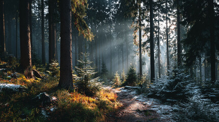 Obraz premium Sunlight shining through trees creating a path in a dense forest on a foggy morning scene view.