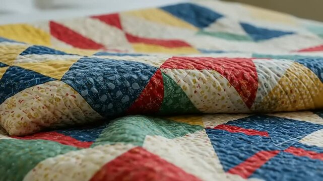 Colorful patchwork quilt draped elegantly on a bed, showcasing intricate patterns and textures