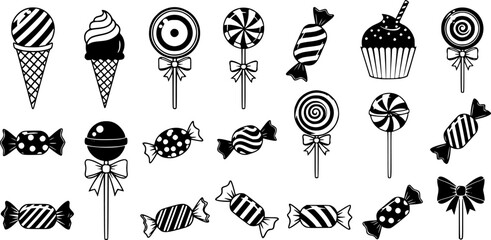A collection of 16 black and white illustrations of various candies and sweets