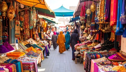 Vibrant Marketplace with Colorful Textiles and Spices