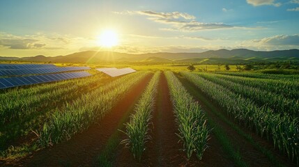 Aerial shot of a sugarcane farm with solar panels, a large water tank, and well-maintained irrigation systems