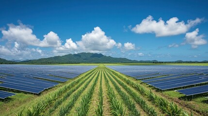 Aerial shot of a sugarcane farm with solar panels, a large water tank, and well-maintained irrigation systems