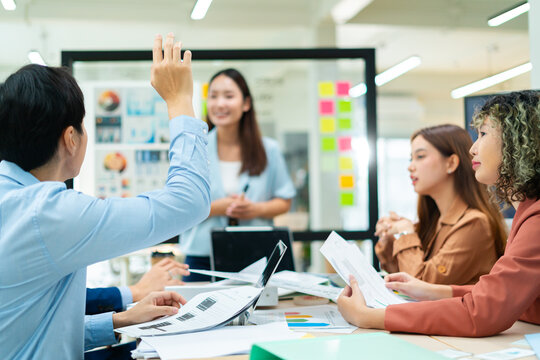 Group of creative Businesspeople brain storm meeting presentation,discussing roadmap to product launch, planning,strategy,dashboard,new business development,working with new startup project in office