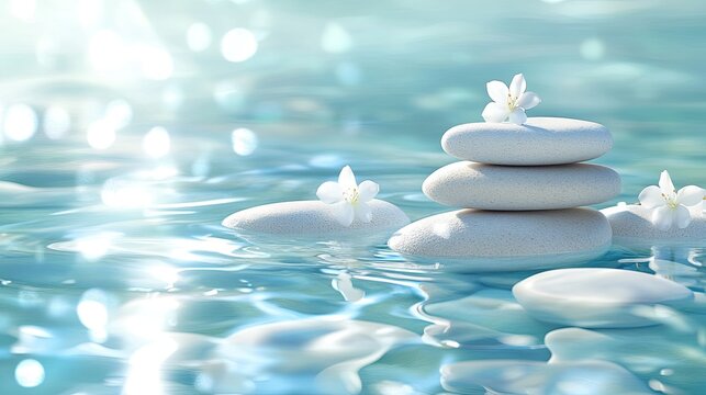 Realistic transparent water and stones with sun shadows, ideal for spa or beauty-themed banners.