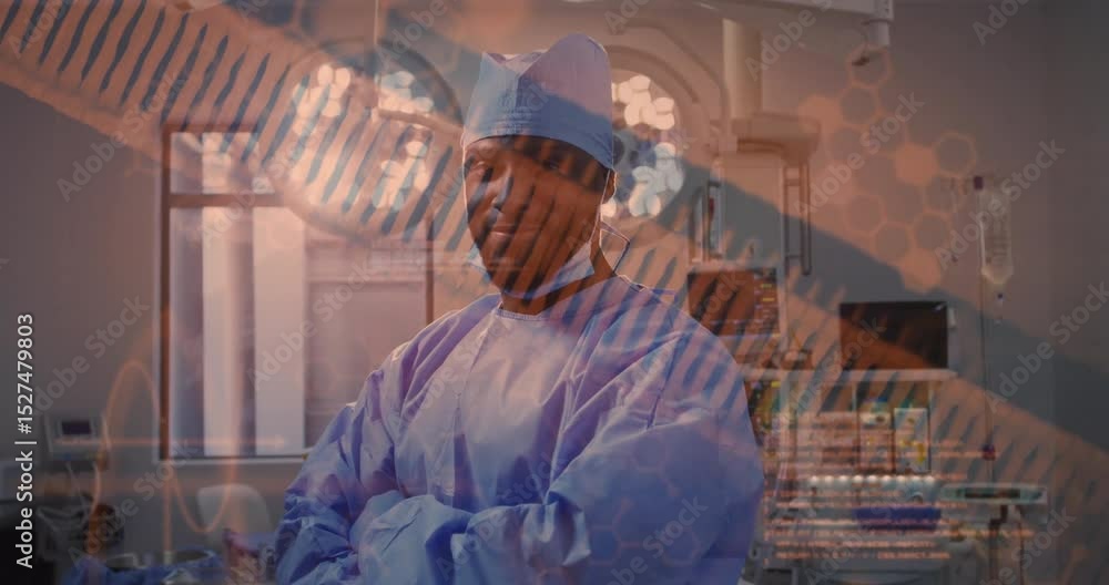 Aufkleber surgeon standing center in or, overlay fading while head shifting and code scrolling for diagnosis