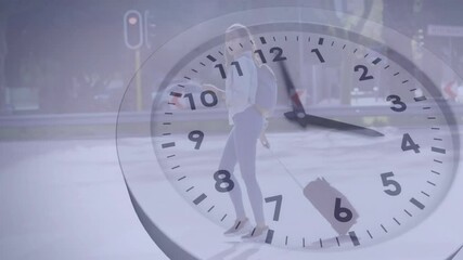 woman crossing crosswalk as red light stopping cars clock overlay tracking time for urban mobility - Powered by Adobe