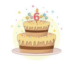 A festive chocolate birthday cake on a platter with colourful sprinkles, star decorations and a lit candle in the number six shape. Birthday party dessert. Cartoon vector illustration.