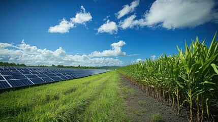 Aerial shot of a sugarcane farm with solar panels, a large water tank, and well-maintained irrigation systems