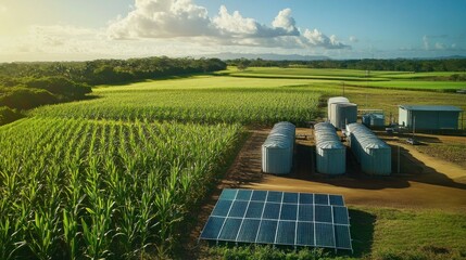 Aerial shot of a sugarcane farm with solar panels, a large water tank, and well-maintained irrigation systems