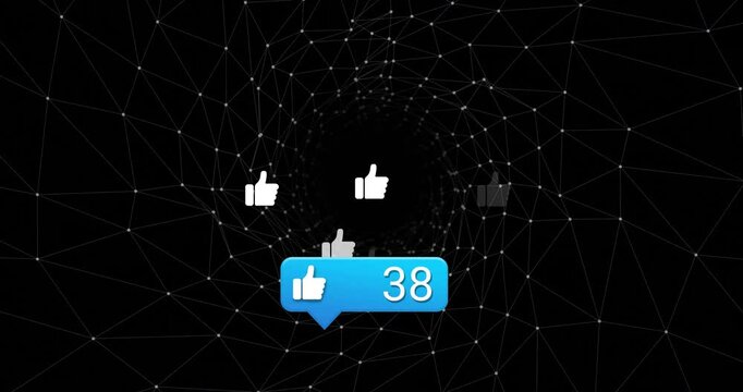 Mesh vortex swirling, bubble appearing, thumbs-up icons rising, counter rising to 77 showing likes - Powered by Adobe