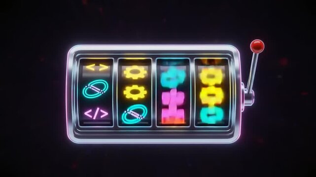Colorful slot machine with vibrant symbols spinning against a dark background, evoking excitement