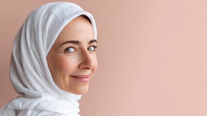 Senior Arabian woman smiling isolated on pastel background for retirement concept