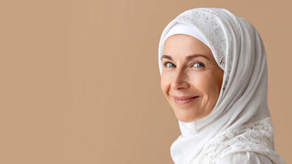 Senior Arabian woman smiling isolated on pastel background for retirement concept