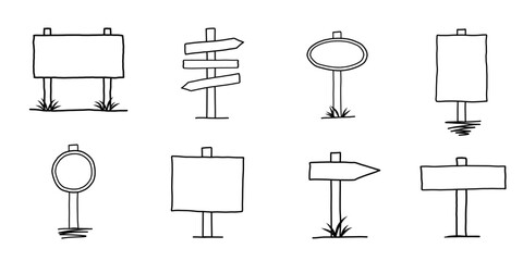 Hand drawn set of road direction sign. Doodle sketch style. Sign with wood plank. Grunge vector illustration.