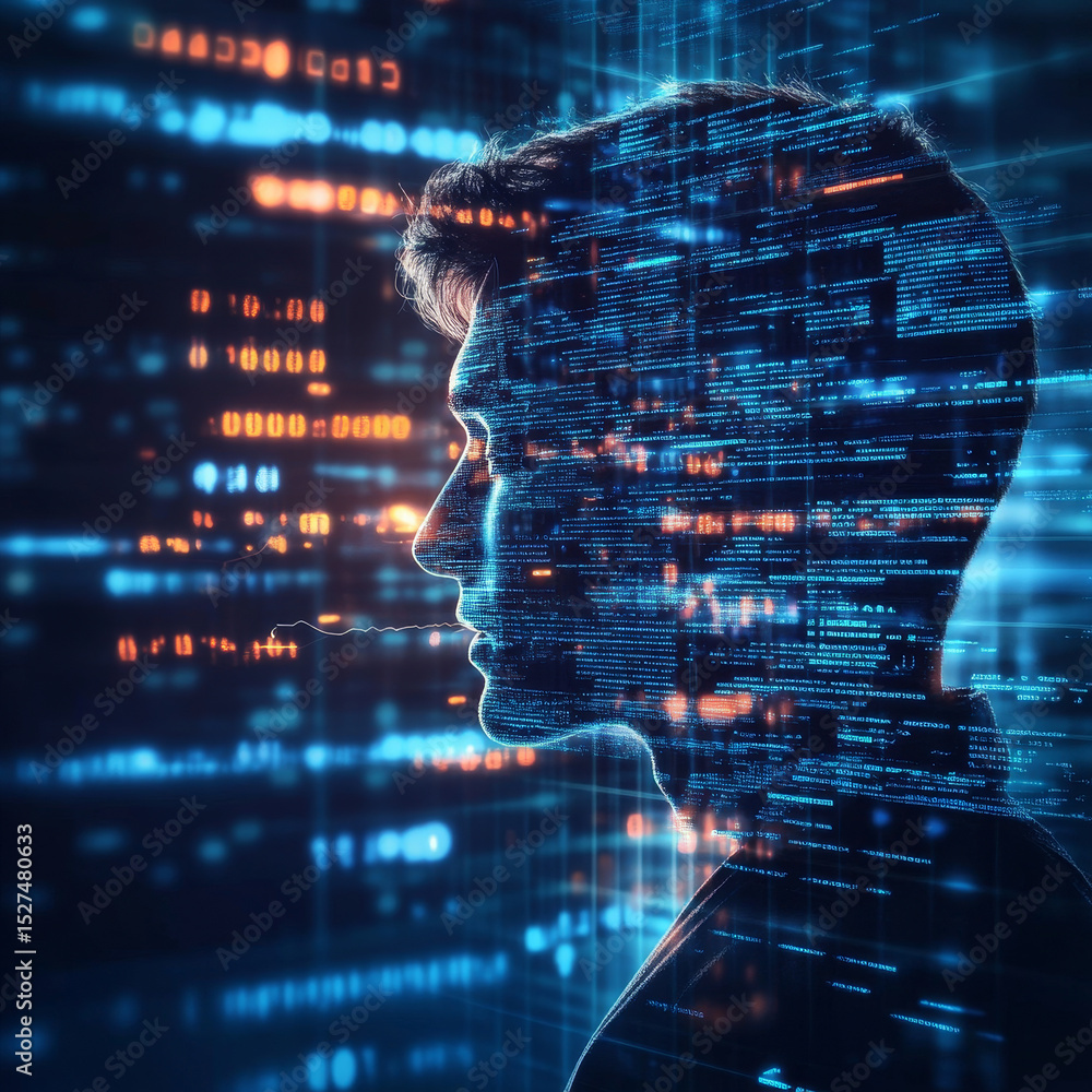 Poster businessman holding machine learning tools and technologies to drive innovation in business. leverag