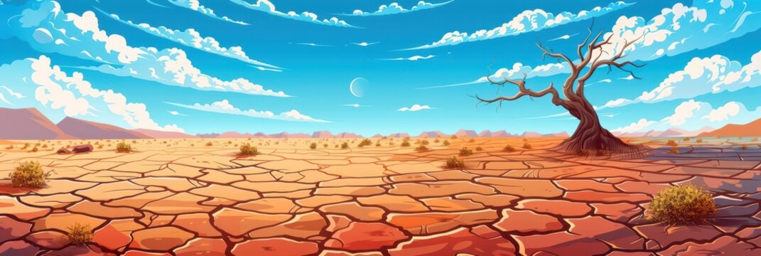 Arid landscape depicting themes of desertification and drought awareness. Climate problems. Horizontal banner. Copy space. World Environment Day