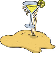 Cocktail glass with lemon slice held by a skeleton hand protruding from the sand, sandy beach, summer vacation concept with refreshing drink and warm sand feeling