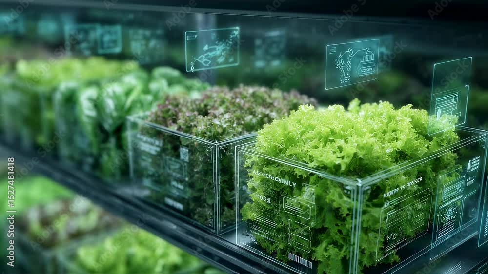 Aufkleber fresh lettuce and other vegetables are displayed in transparent packaging with digital nutritional i