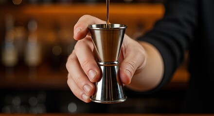 Bartender pouring liquor from jigger in stylish bar setting  