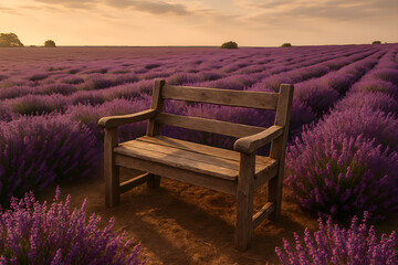 A serene wooden bench in a vibrant lavender field during sunset, showcasing the tranquil beauty of nature.