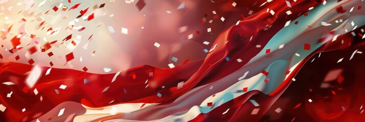 Celebration of Ligo day with latvian flag and floating festive confetti. Horizontal banner. Copy space. Independence Day of Latvia. Latvian festival, summer solstice. Red and white background.