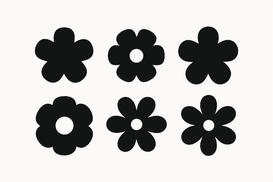 Six Simple Flower Icons Black and White Floral Designs for Digital Projects