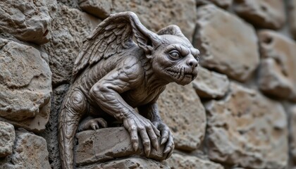 Stone Gargoyle Sculpture Perched on Ancient Wall with Intricate Detail