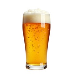 a glass of beer with foam white background