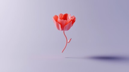 A single stylized red flower with a curved stem floats against a soft purple background, casting a subtle shadow.