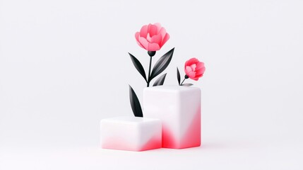 Minimalist image of pink flowers with black leaves in white gradient cube vases on a white background.