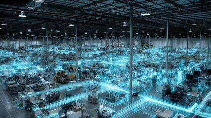 Augmented reality interface managing operations in a large, dark warehouse, optimizing logistics and improving efficiency with innovative technology - Powered by Adobe