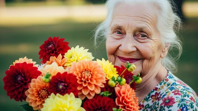 . International Day of Older Persons - Elderly woman with flowers grown in her own garden &ndash; video of peaceful happy aging