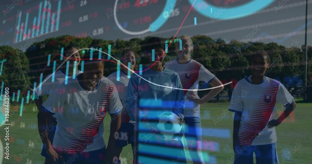 Aufkleber soccer team standing on field triggers scrolling financial charts boosting finance data display
