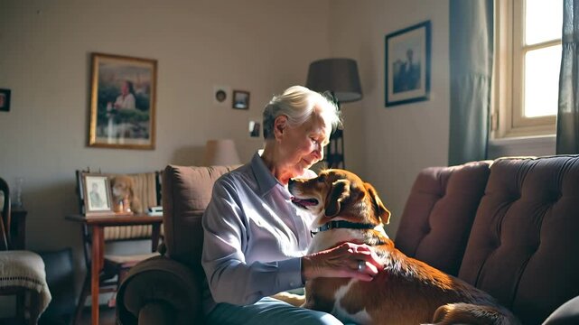elderly woman pets her dog