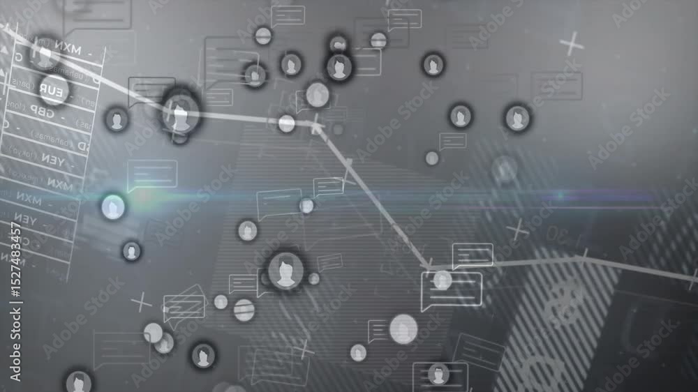 Poster currency panel fading in, initiating blue beam scanning and polyline drawing showing network nodes