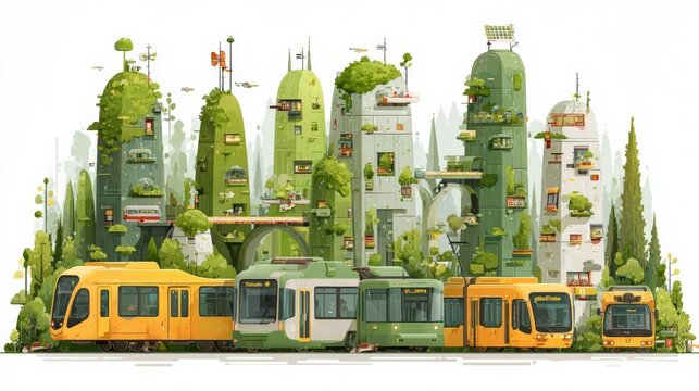 Design a bustling cityscape filled with futuristic eco-friendly transportation methods