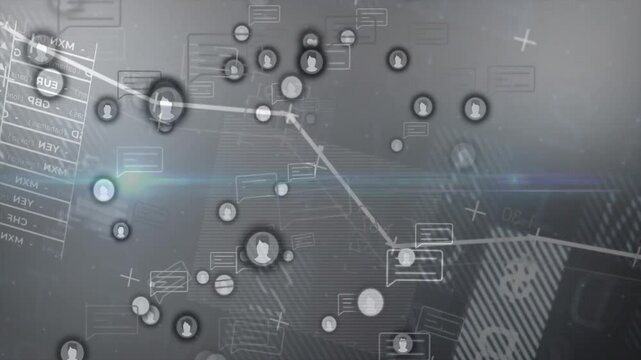 Currency panel fading in, initiating blue beam scanning and polyline drawing showing network nodes