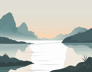 Nature background with lake and mountain silhouettes at sunset. Calm and minimal scenery