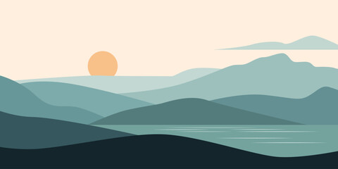 Sunset landscape with mountains and lake. Peaceful nature vector background in warm colors. Flat style