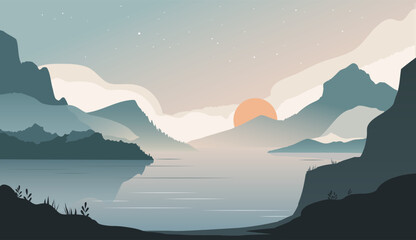 Calm sunset with mountains, water and glowing stars. Scenic landscape background